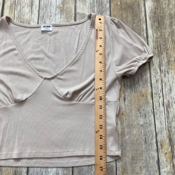 Cotton On Beige Ribbed Puff Sleeve Crop Top - Picture 7 of 12